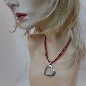 Stamped NW Red Leather Multi Strand (3) Corded Heart W Bling Necklace Adj to 17"